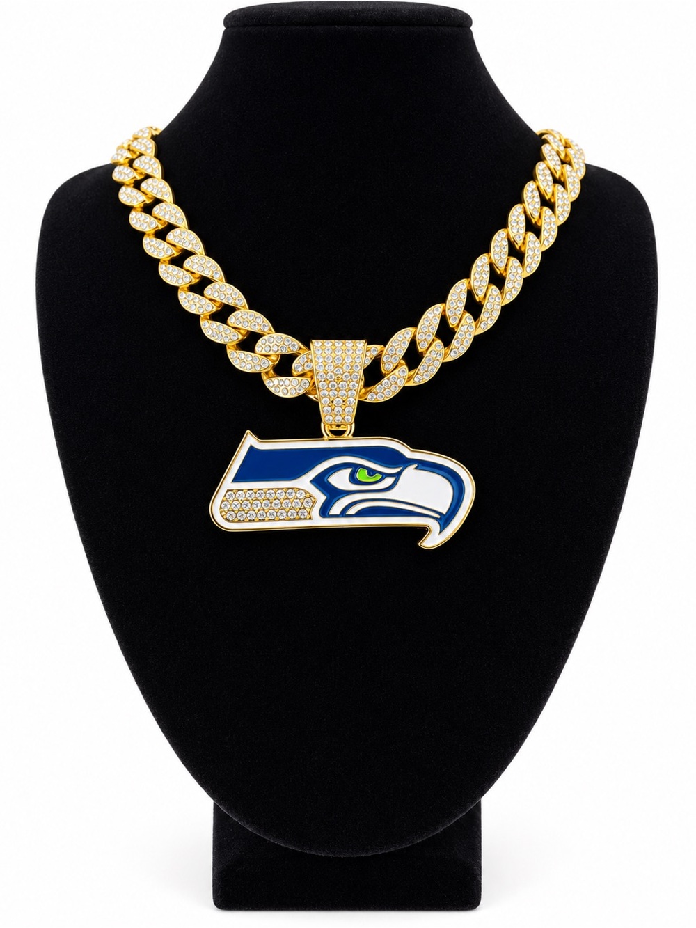 NFL Seattle Seahawks Gold Tone Iced Out Cuban Chain Football Pendant Necklace